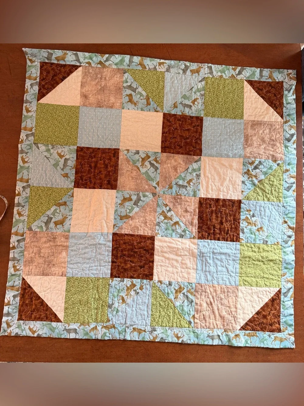 Handmade Patchwork Baby Quilt in Blue, Green, Brown, Cream